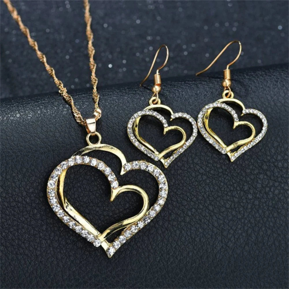 Double Heart Necklace Jewelry Set 💞💝